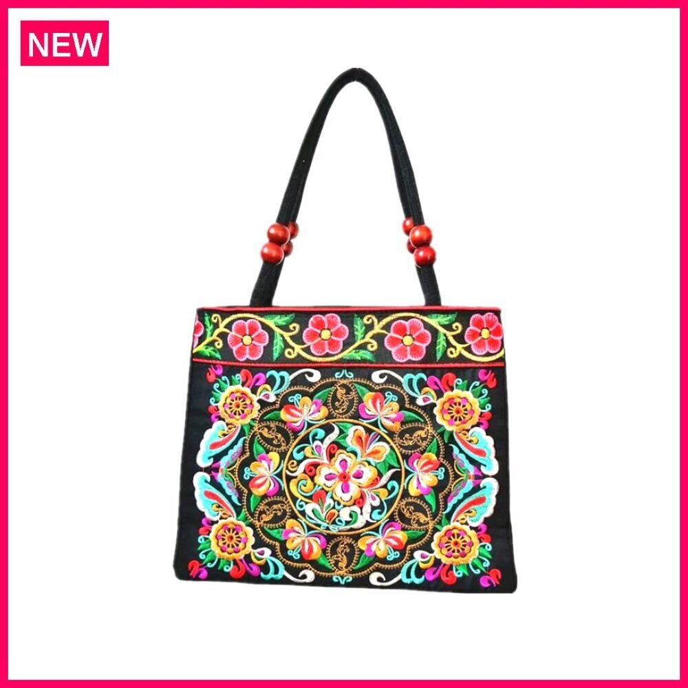 Vintage Embroidered Tote Bag with Two Zipper Pockets, Travel Beach Purse